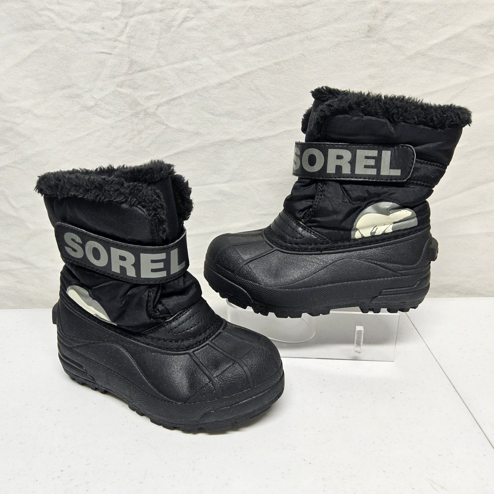 Sorel Snow Commander Boots Kids Size 12 Black Waterproof Faux Fur NC1877-010